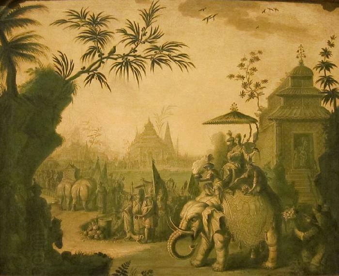 Jean-Baptiste Pillement A Chinoiserie Procession of Figures Riding on Elephants with Temples Beyond oil painting picture